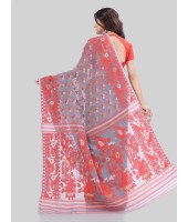 Women`s Phulkari Resham Dhakai jamdani Bengal Pure Cotton Handloom Saree Whole Body Design without Blouse Piece (Grey Red)